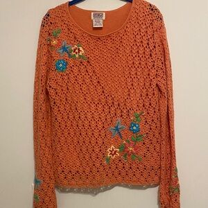 PBJ Light Orange Crochet Top with Floral Embroidery